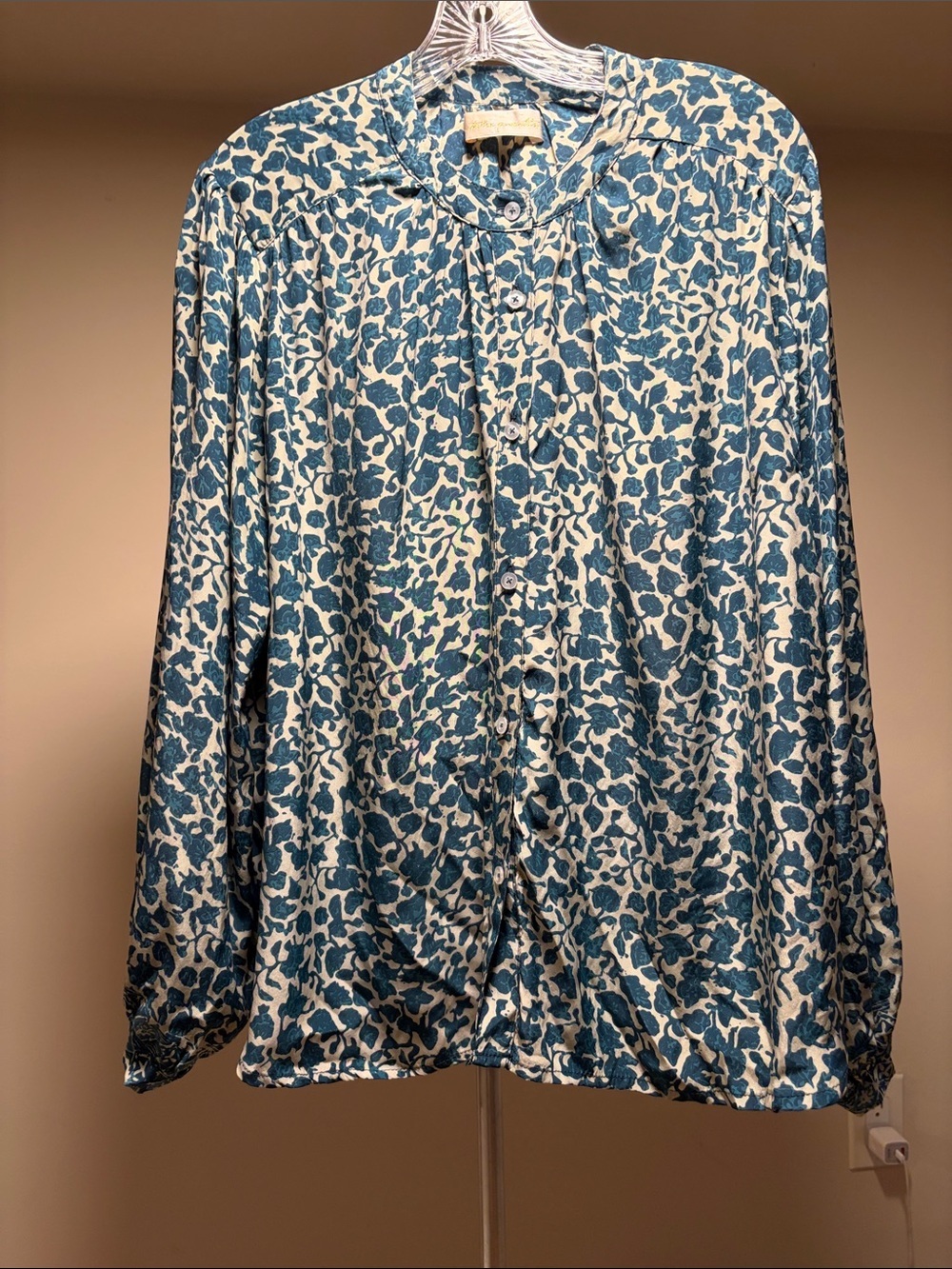 Natalie Martin 100% Silk Floral Button-Up Blouse - Teal / Blue - Size L